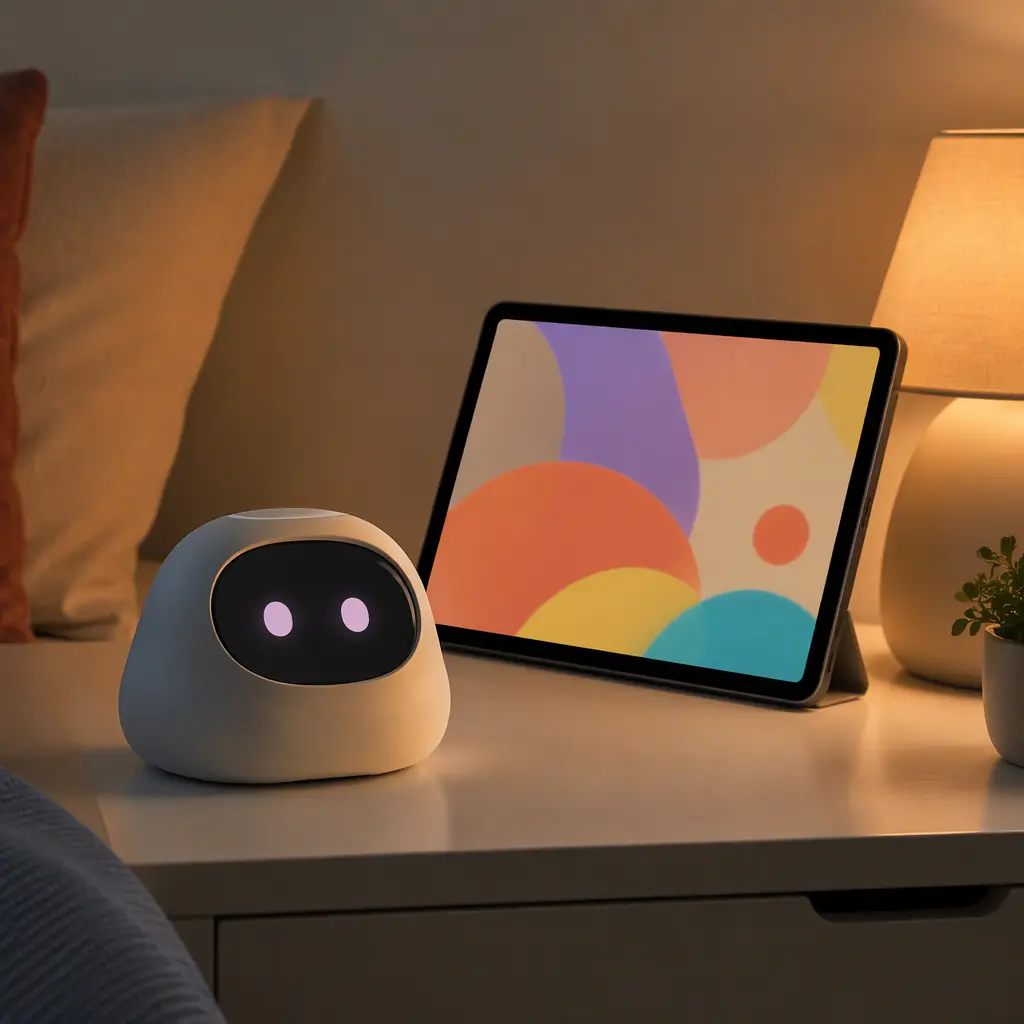 AI storytelling toy displayed in a softly lit bedroom setting