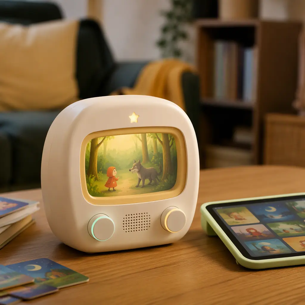 Interactive AI storytelling toy beside a tablet in a softly lit room