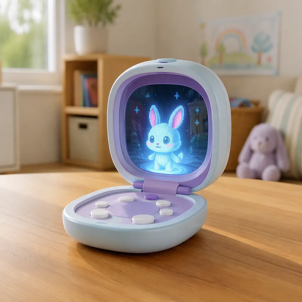 Foldable digital pet toy opened on a table with animated creature display