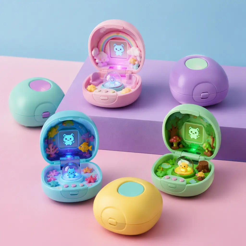 Collection of compact interactive pet toys displayed in a studio arrangement