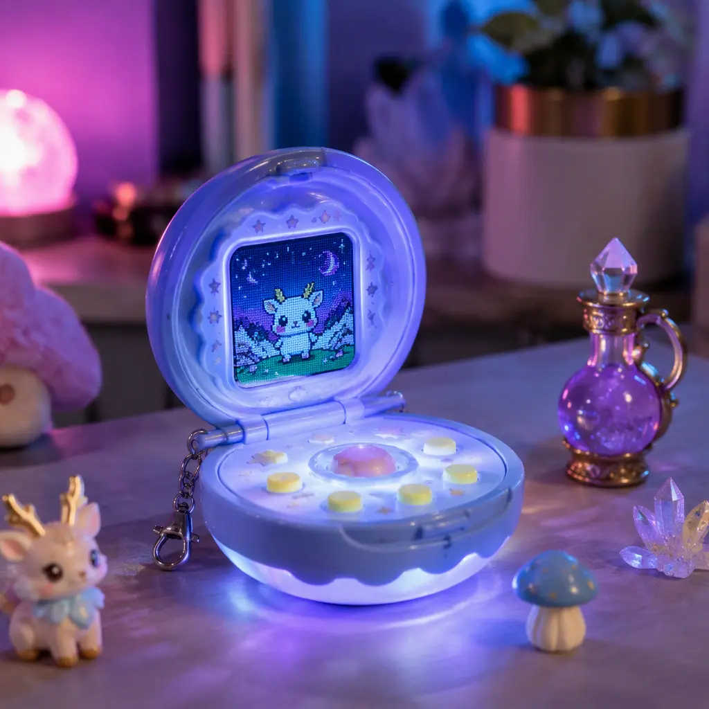 Interactive digital pet toy with glowing animated display in a studio setting