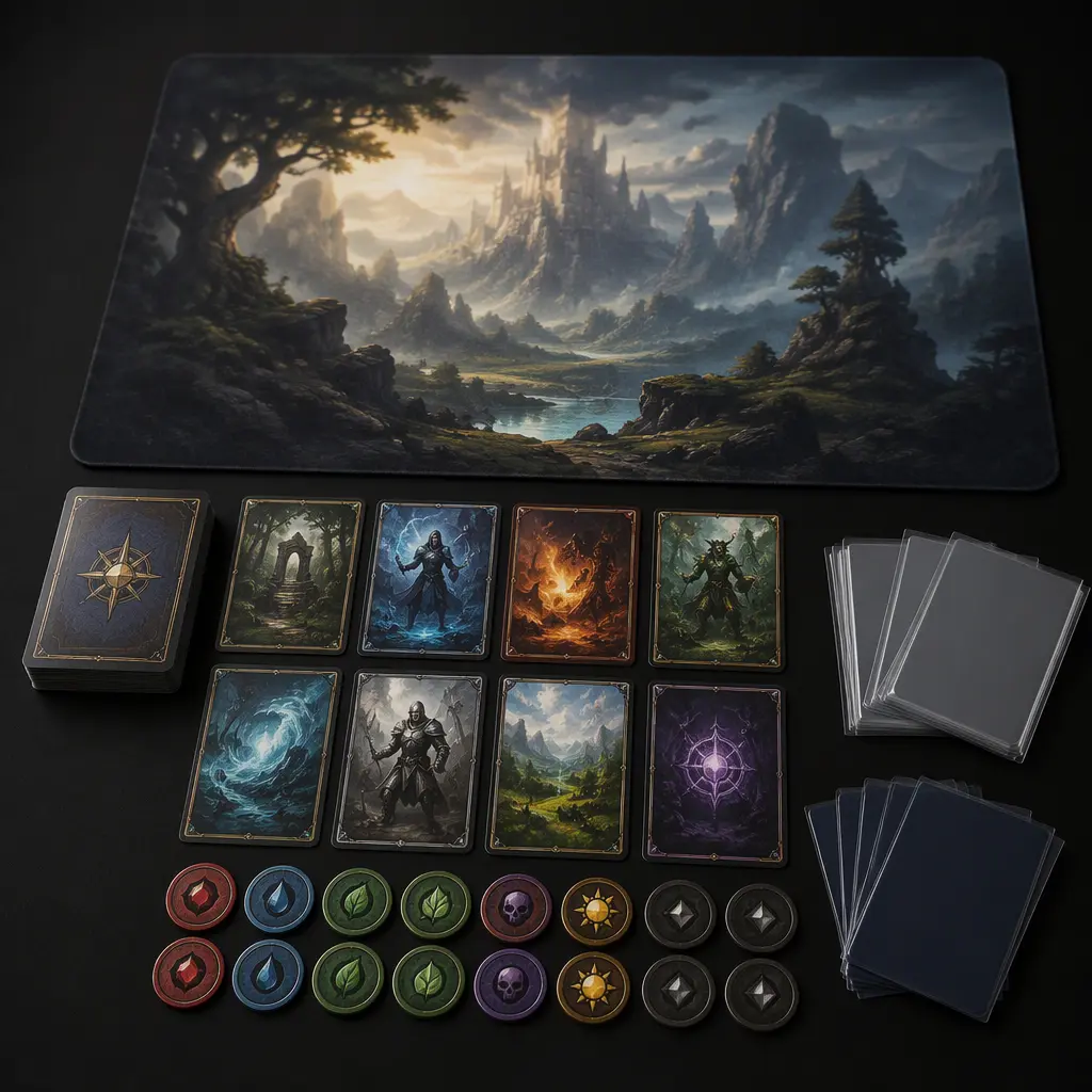 Collectible fantasy trading cards and counters displayed on a play surface
