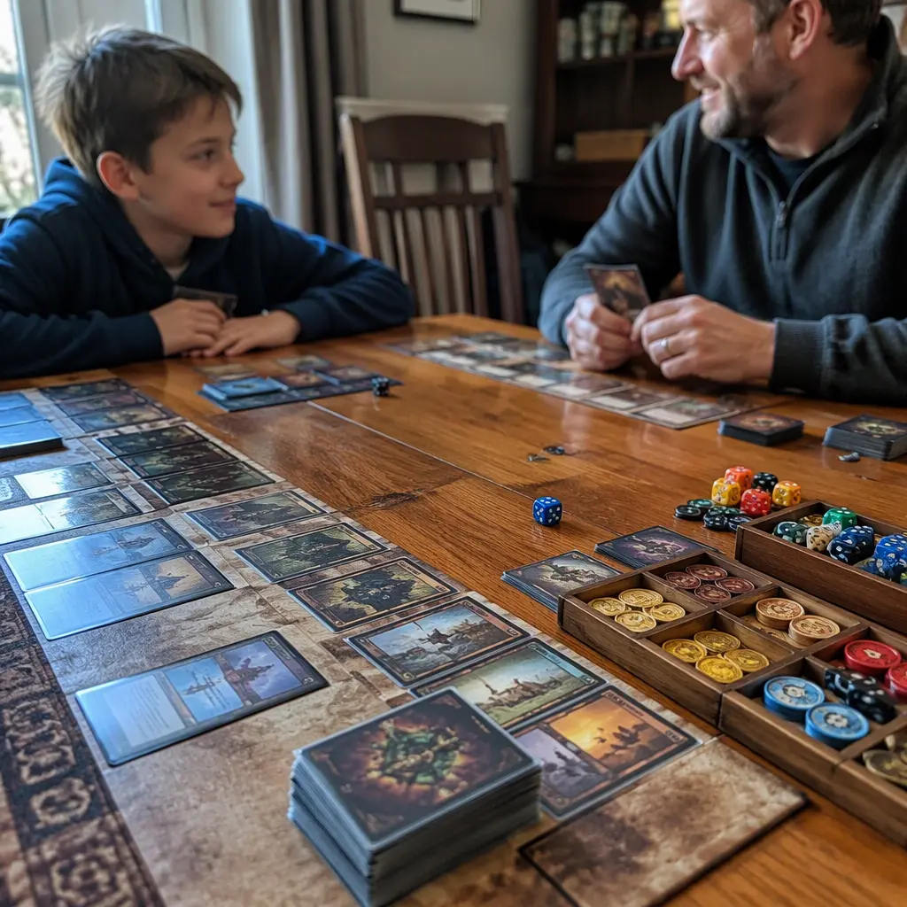 Fantasy card game setup with sleeved cards and counters on a dining table