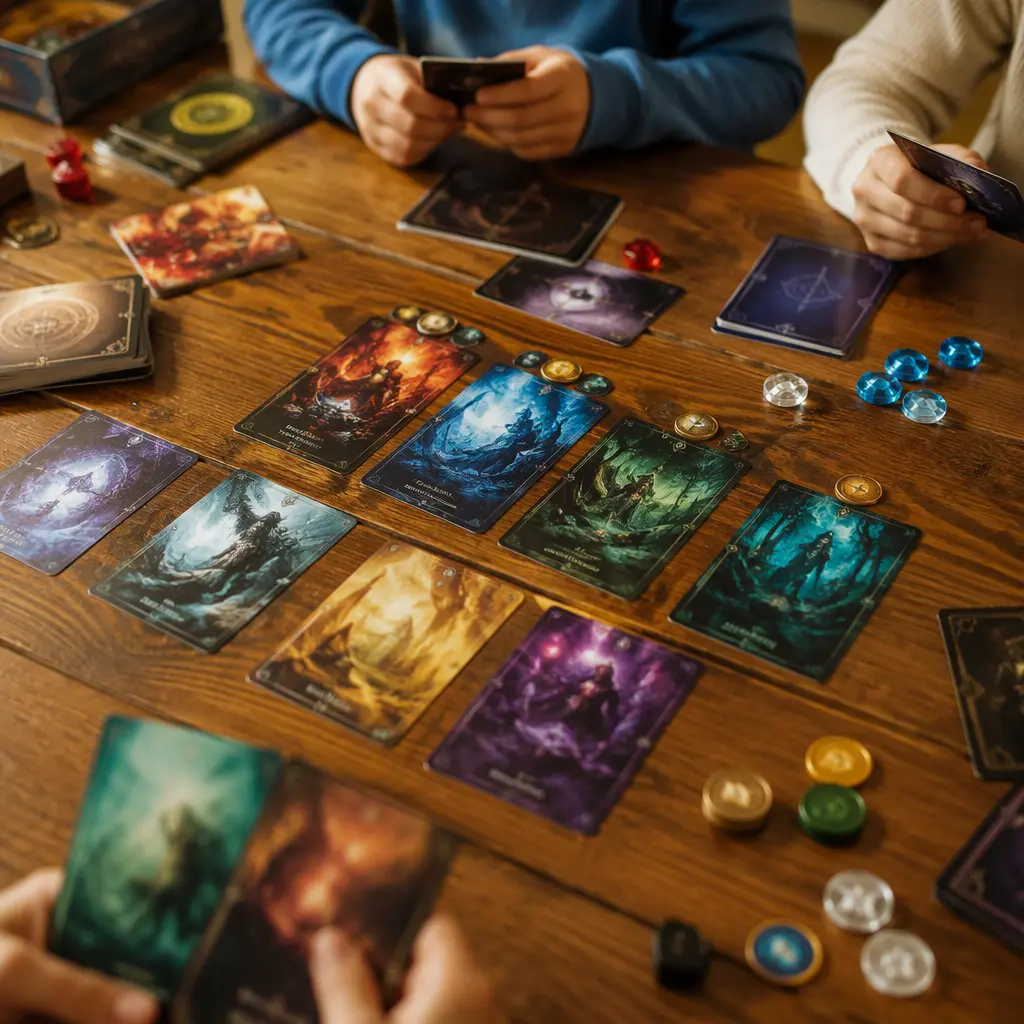 Fantasy trading cards and tokens arranged on a wooden table in warm light