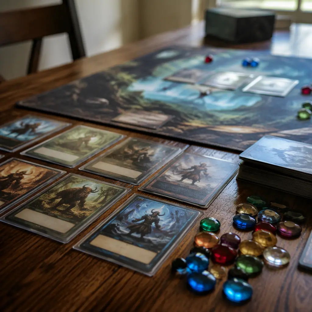 Sleeved fantasy trading cards and counters arranged neatly on a tabletop