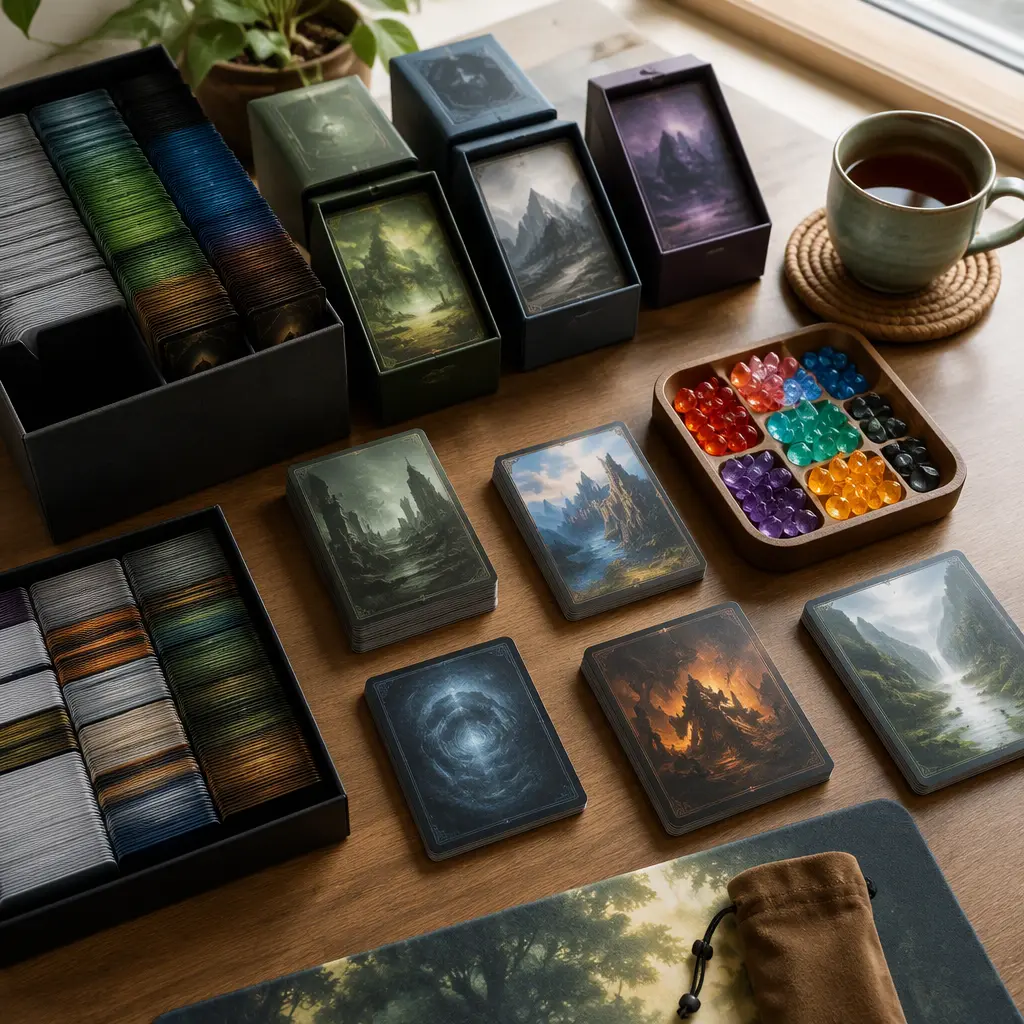 Organized trading card decks and accessories laid out neatly on a tabletop
