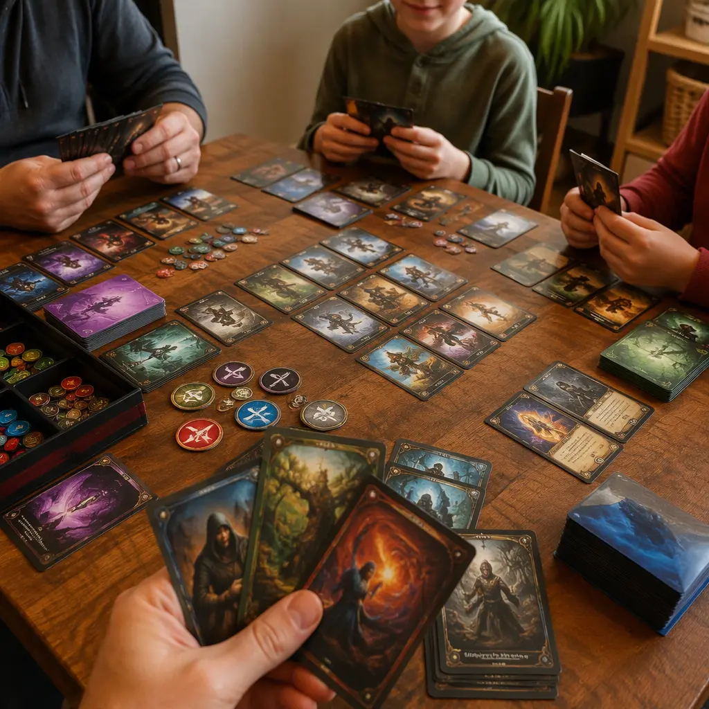 Fantasy-style trading cards and tokens arranged on a wooden table during a family game night