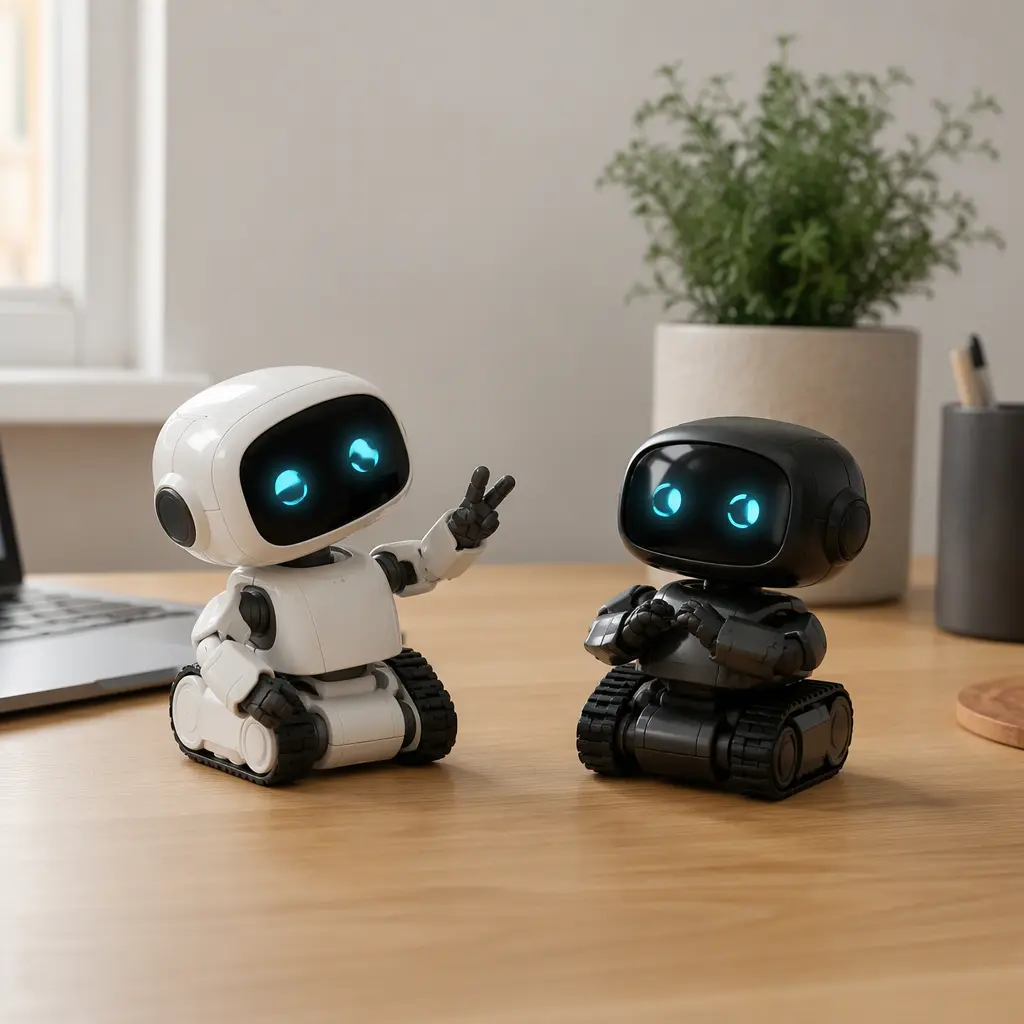 Two small expressive desktop robots interacting on a desk in a minimalist workspace