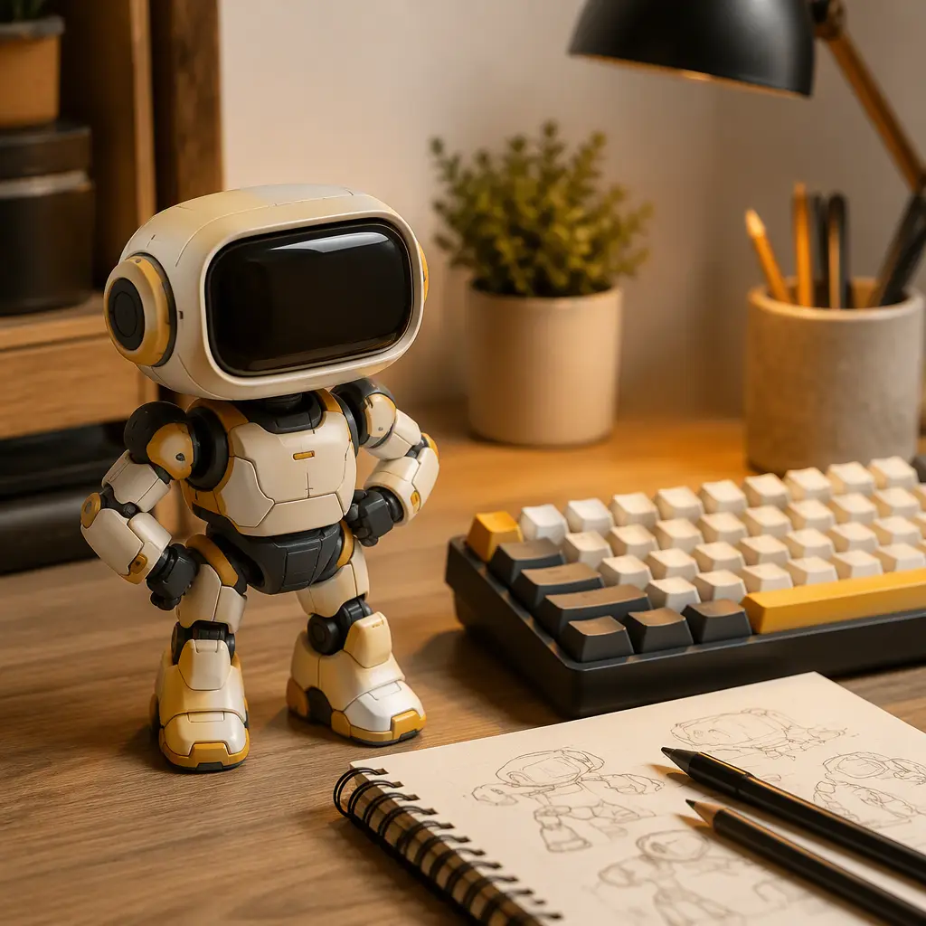 Compact expressive desktop robot posed in a modern desk setup with creative tools