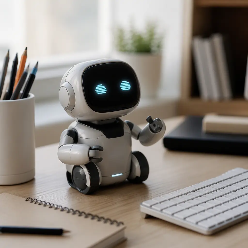 Small expressive desktop robot toy displayed on a desk beside everyday workspace items