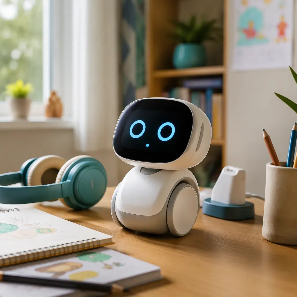 A small desktop robot beside study accessories and a charging dock.