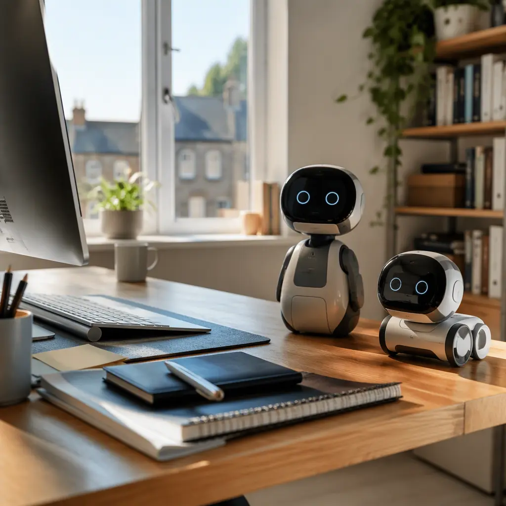 Two companion robots displayed in a modern home office setting.
