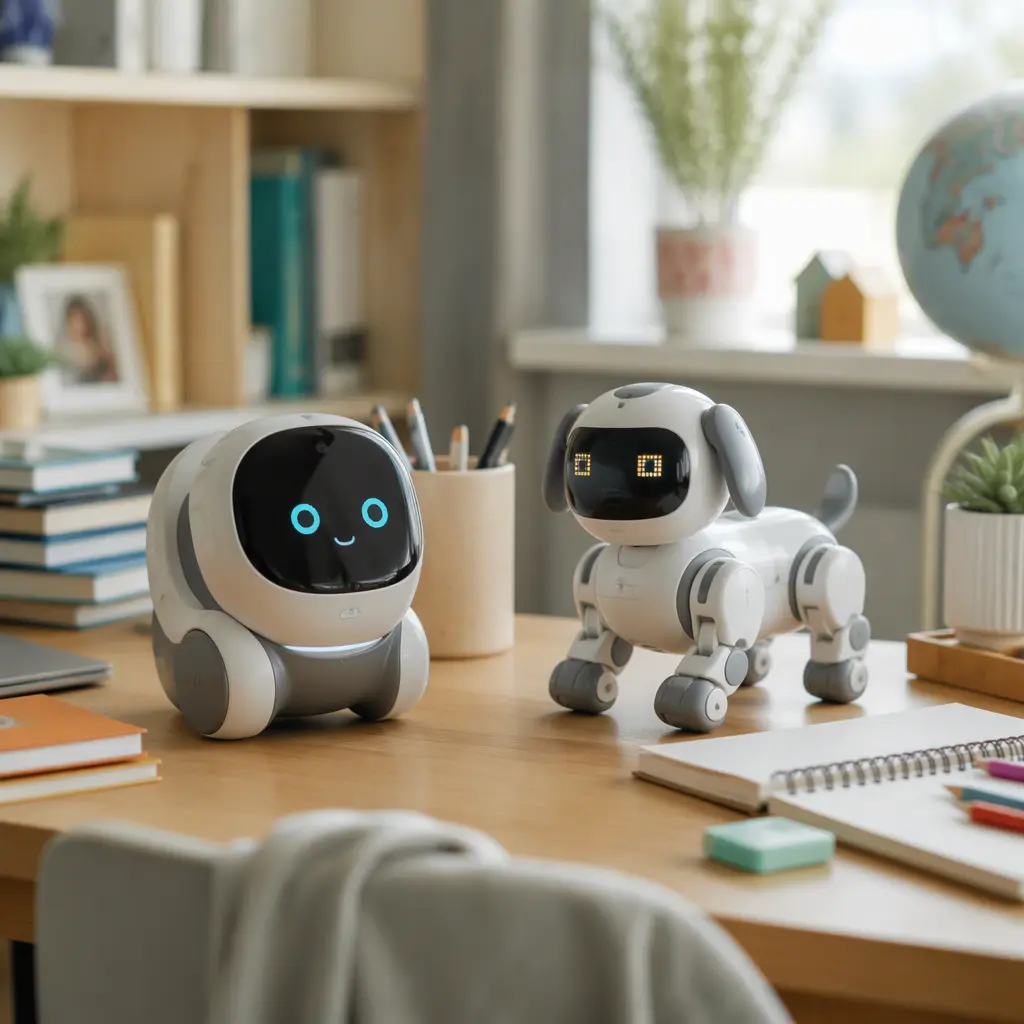 Two small desktop companion robots displayed on a tidy desk in natural light.