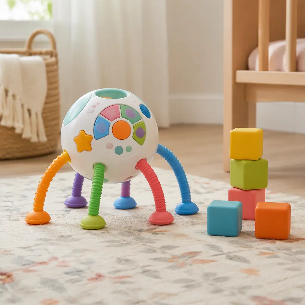 Interactive dancing infant toy beside blocks in a softly lit nursery