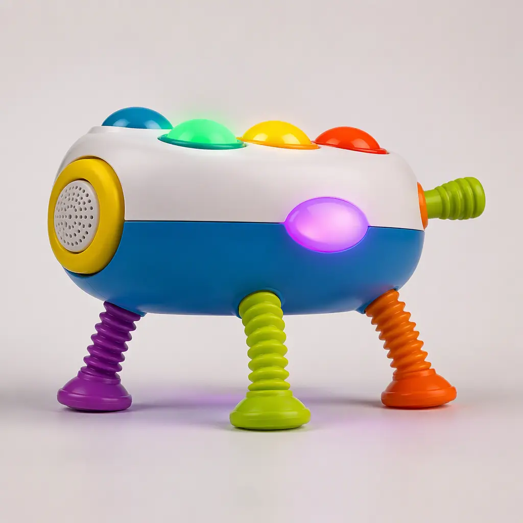 Side view of a colorful dancing music toy in a clean studio setup