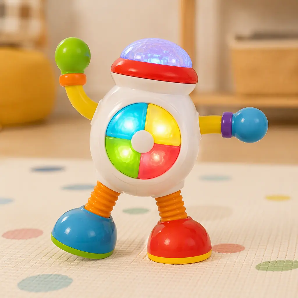 Colorful interactive infant music toy posed on a soft play mat in a studio setting
