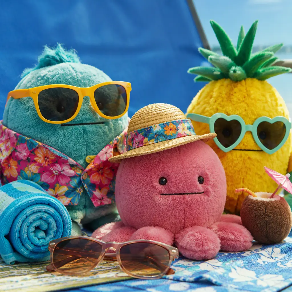 Close-up of oddball plush toys with tropical styling beside beach accessories.