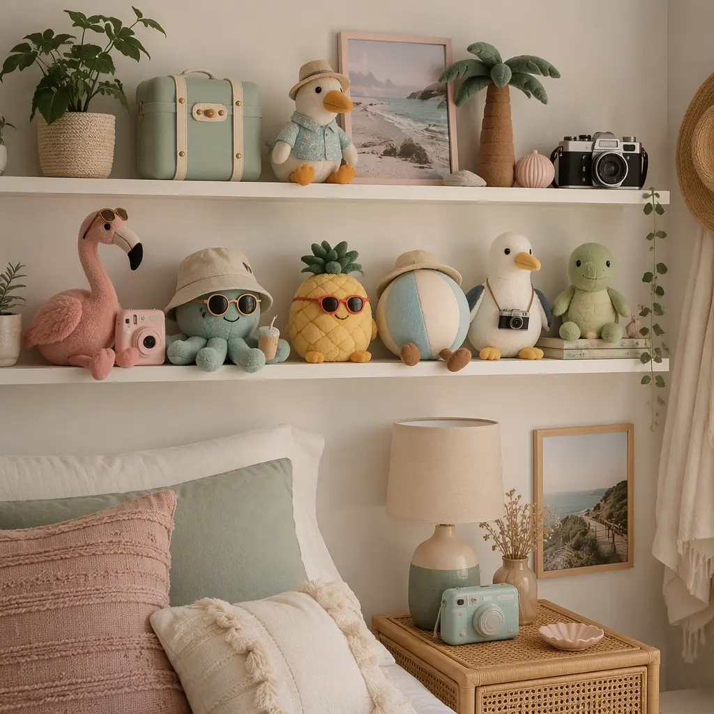 Vacation-themed oddball plush toys displayed on a bedroom shelf with pastel decor.