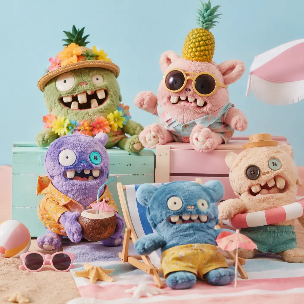 A group of quirky vacation-themed plush toys posed on beach-inspired pastel props in a studio setting.