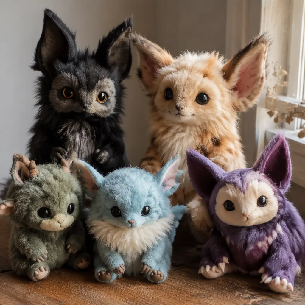 Fantasy-style collectible plush toys arranged on a tabletop