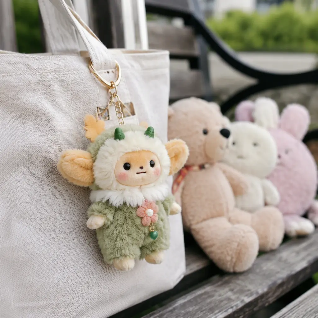 Creature-style collectible plush attached to a bag beside other plush toys