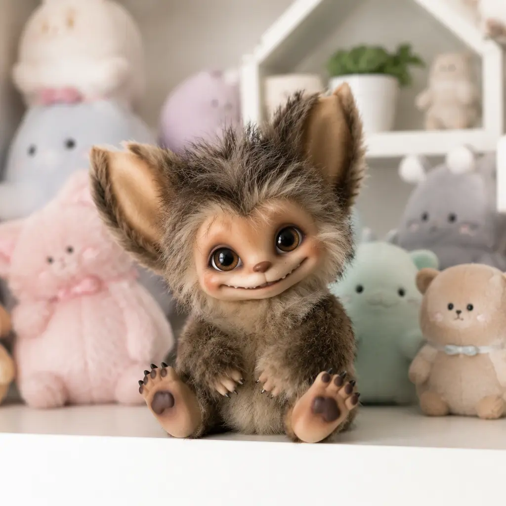 Collectible creature-style plush toys displayed on a softly lit shelf