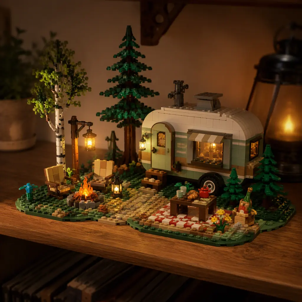 Compact brick-built campsite display with cosy outdoor details
