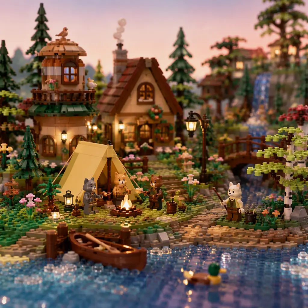 Brick-built cosy village scene with animal-inspired residents and campsite details