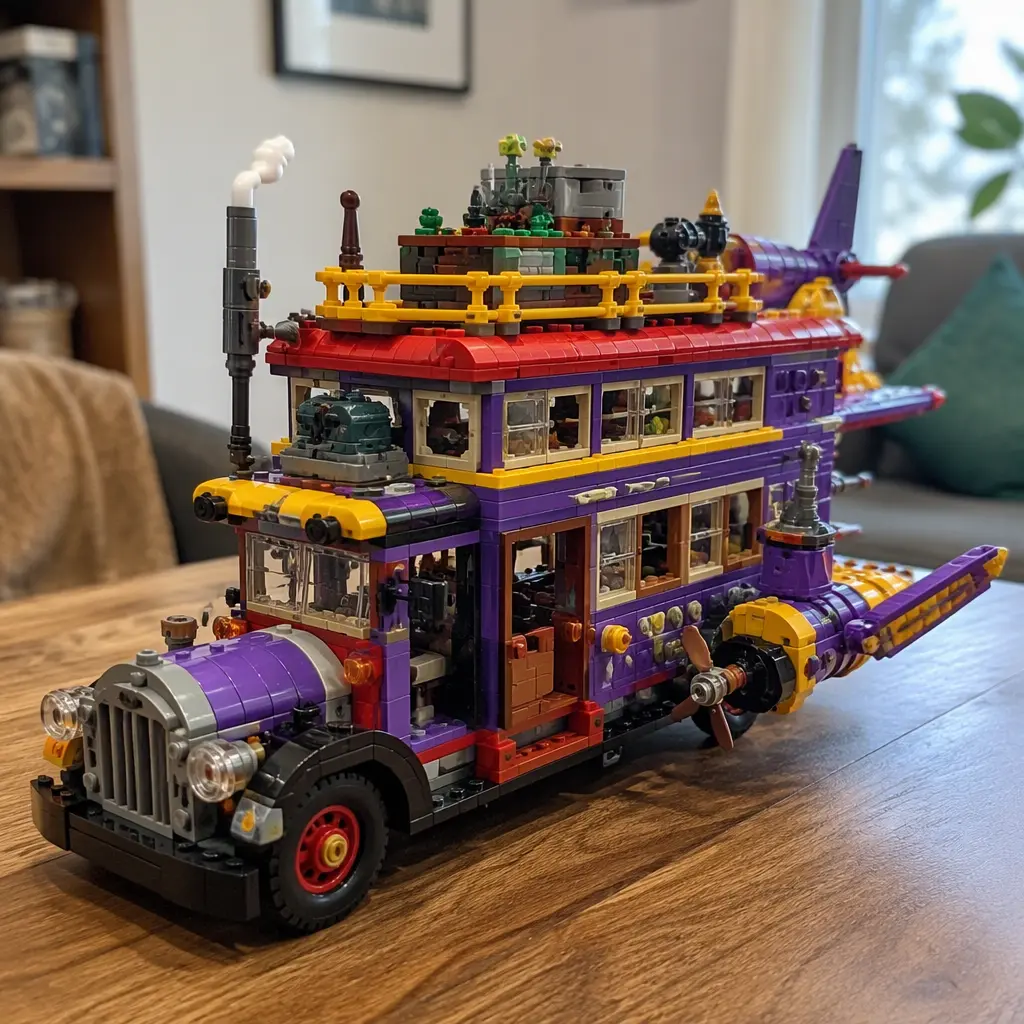 Colorful brick-built fantasy transport vehicle displayed on a tabletop in a home setting