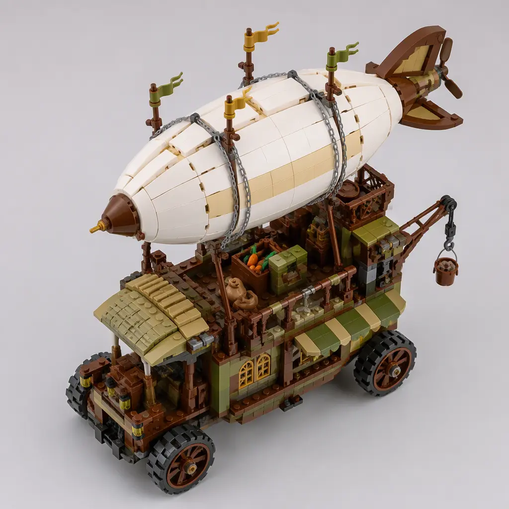 Overhead view of a detailed brick-built fantasy vehicle with large wheels and suspended balloon structure