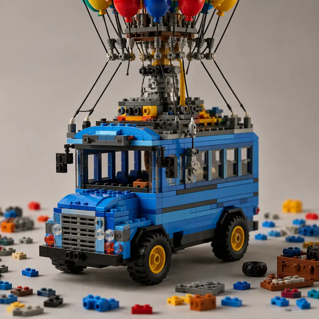 Brick-built blue fantasy bus construction toy displayed in a studio setting with loose building pieces nearby
