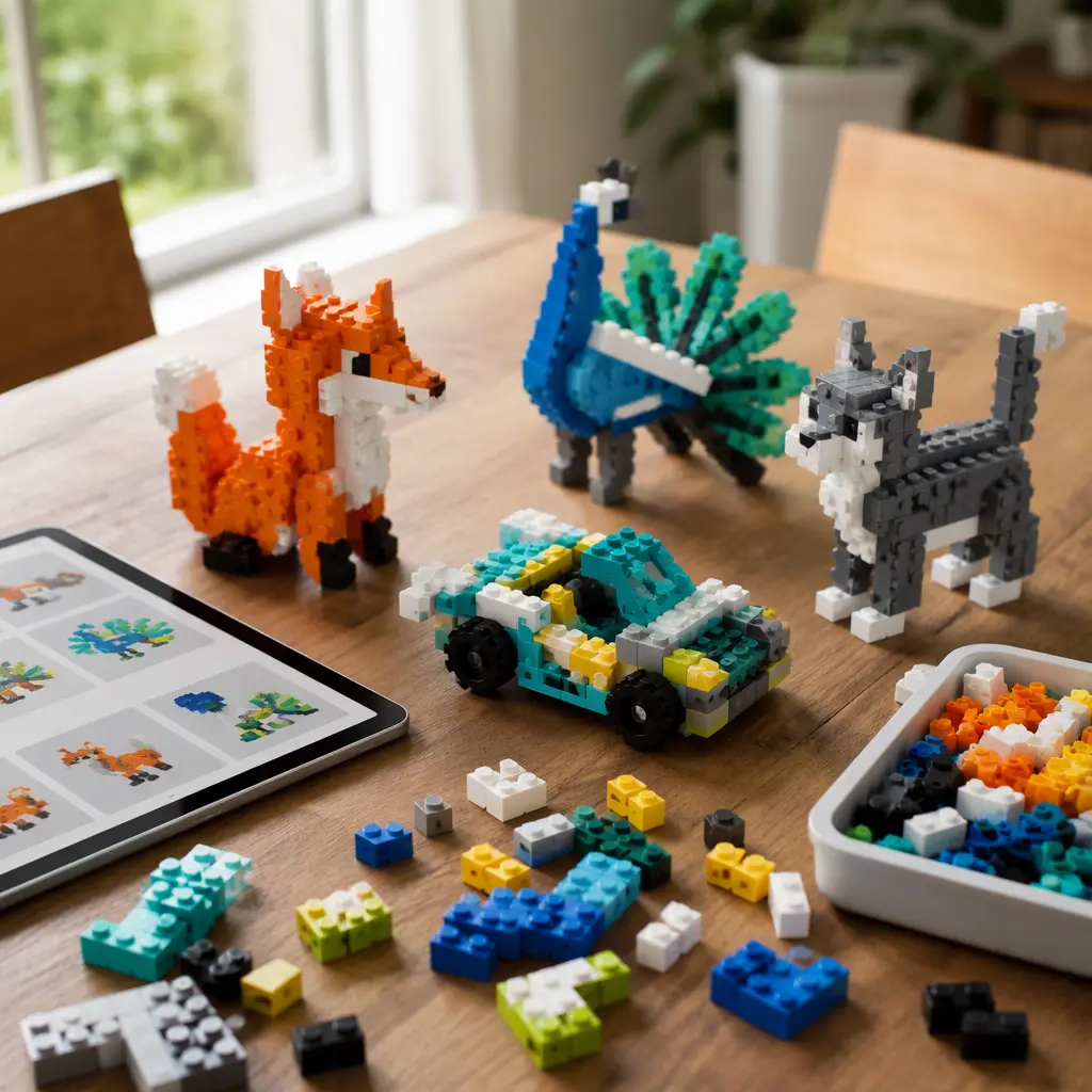 Assorted brick-built shapes and loose construction pieces beside a digital design device