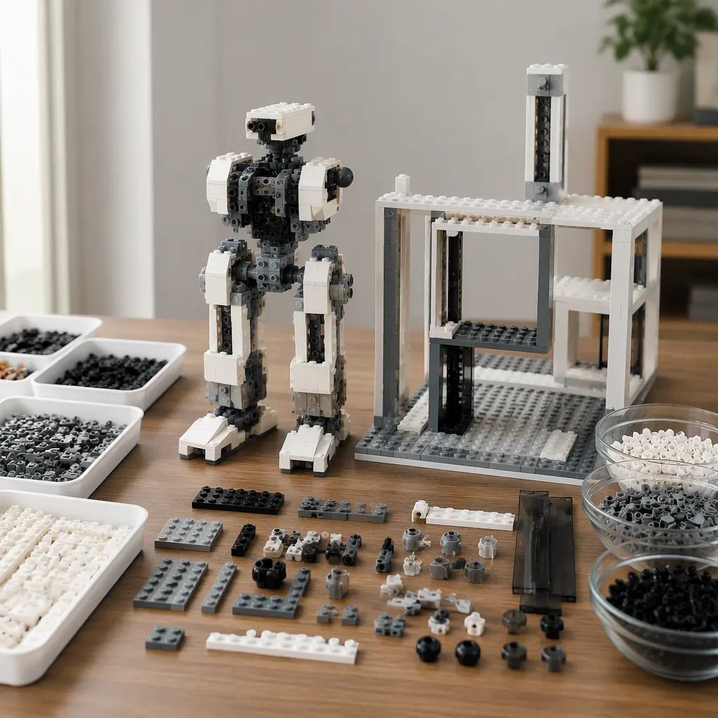 Partially assembled brick-built robot and structure with organized construction pieces