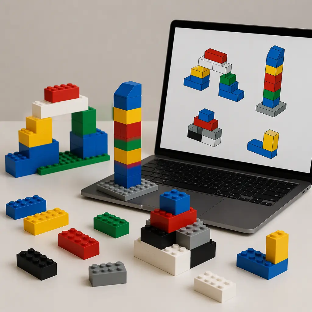 Assorted building bricks and partially assembled geometric models next to a laptop