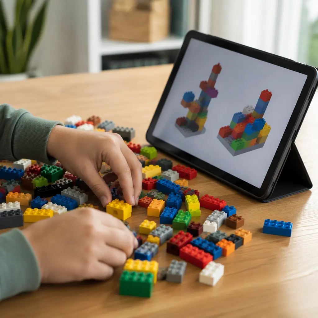 Hands sorting colorful building bricks next to a tablet with digital block models