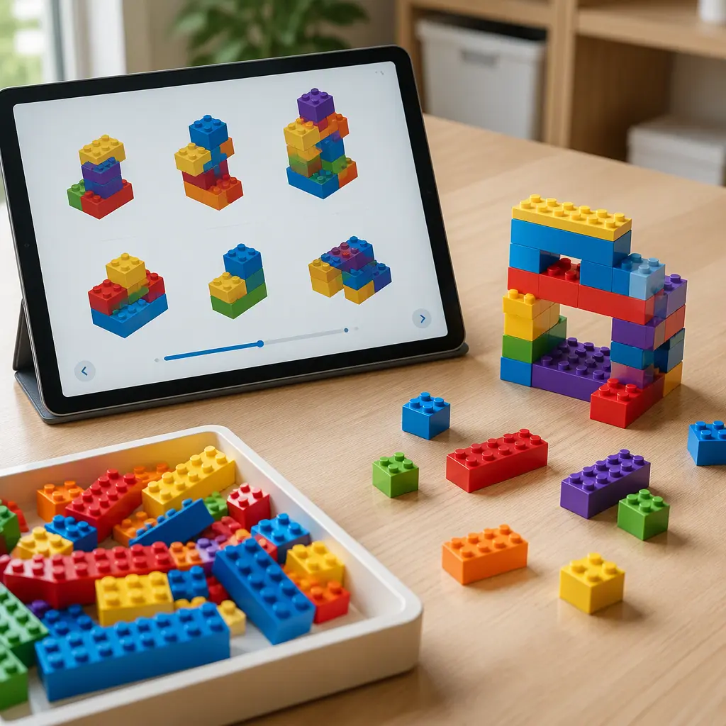 Colorful building bricks beside a tablet displaying abstract digital construction layouts on a desk