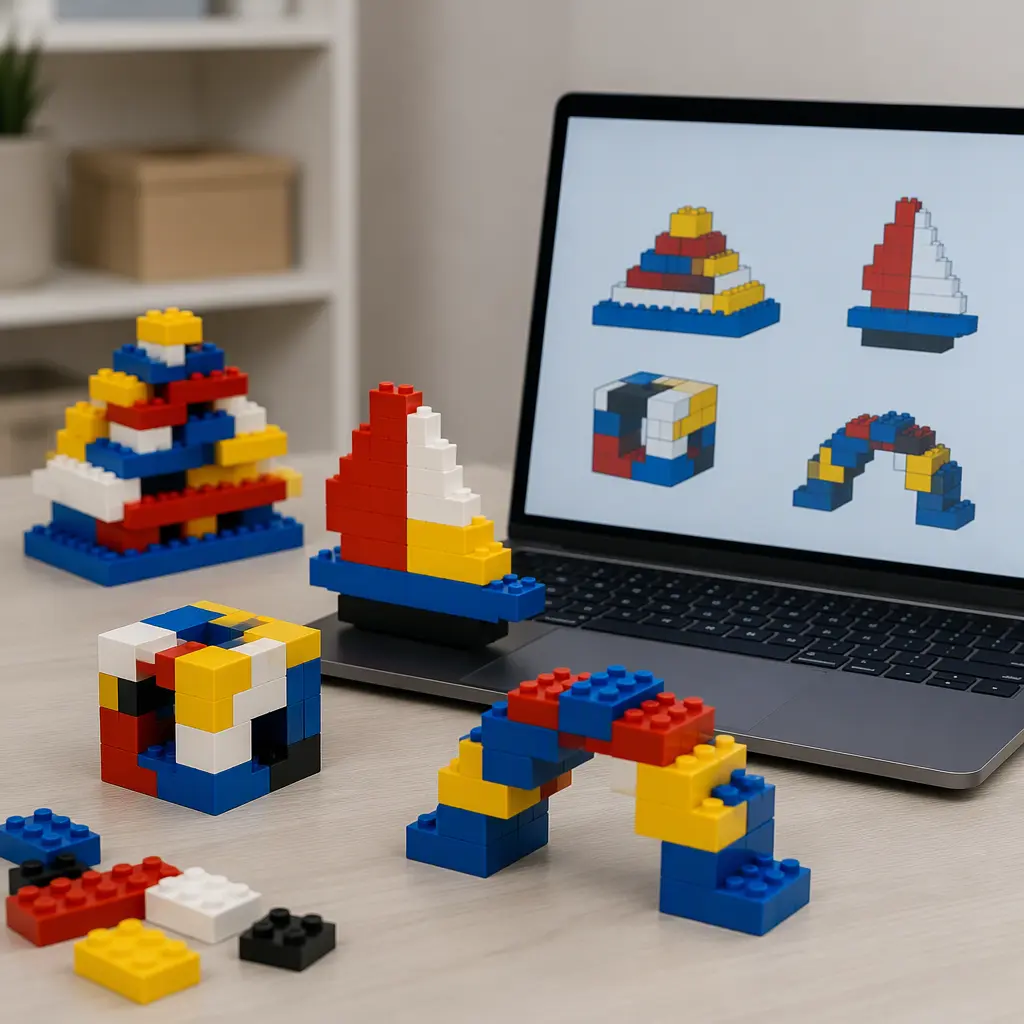 Colorful interlocking brick creations beside a computer used for AI-assisted design exploration