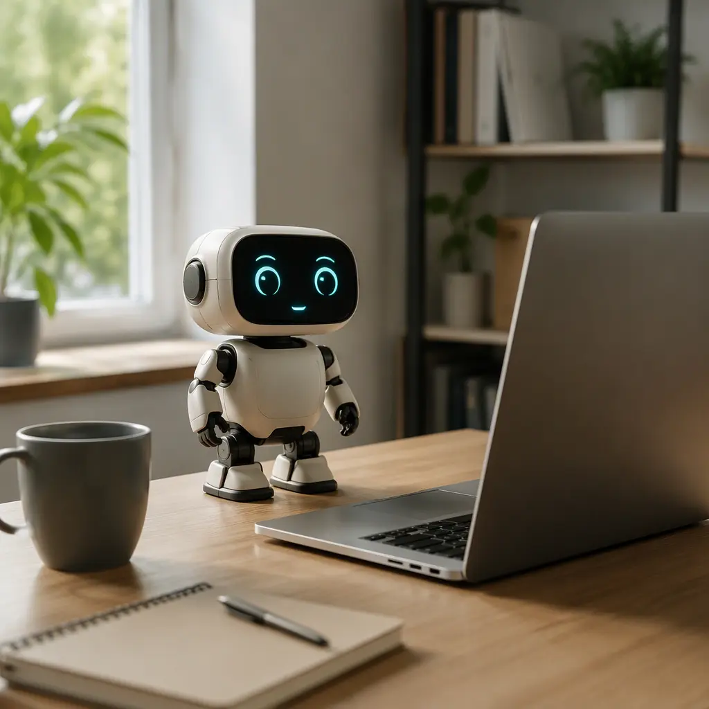 Compact desktop robot companion beside a laptop on a home office desk