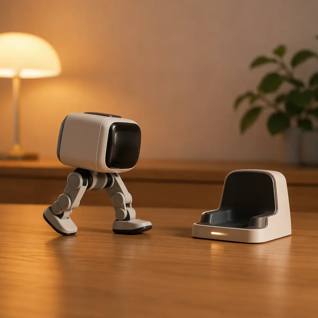 Desktop robot walking toward a compact charging station