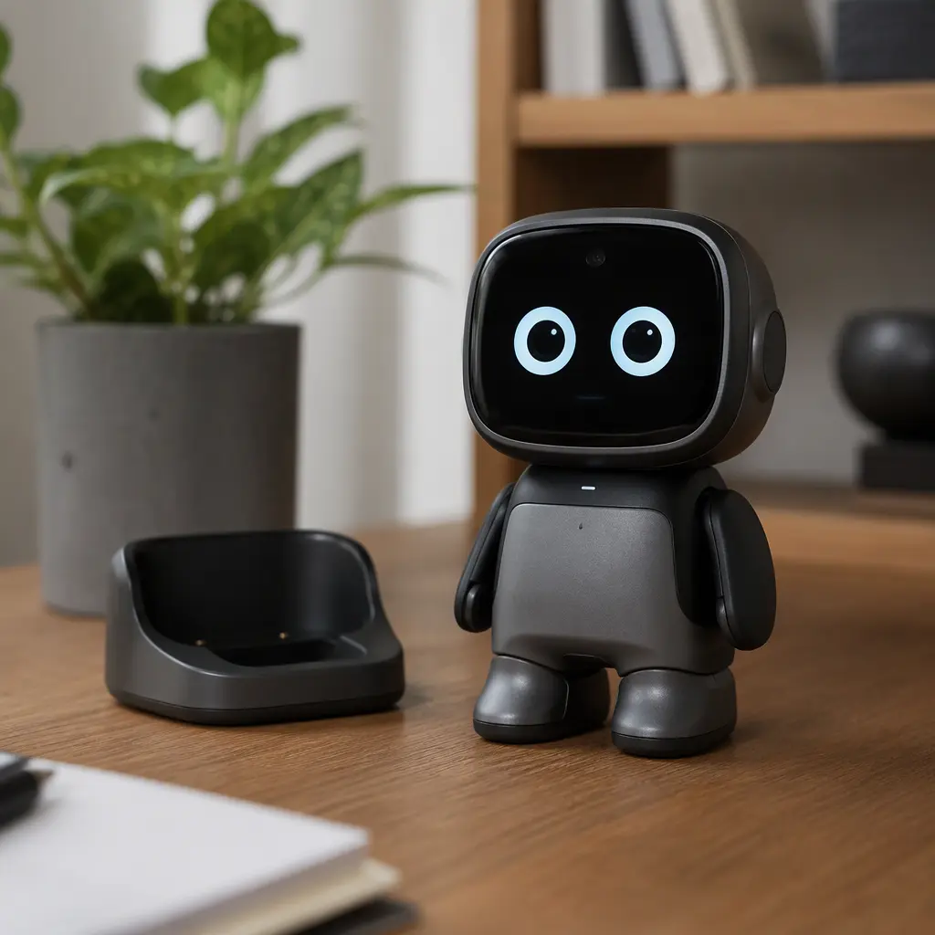 Small pet-style desktop robot on a desk beside its charging base