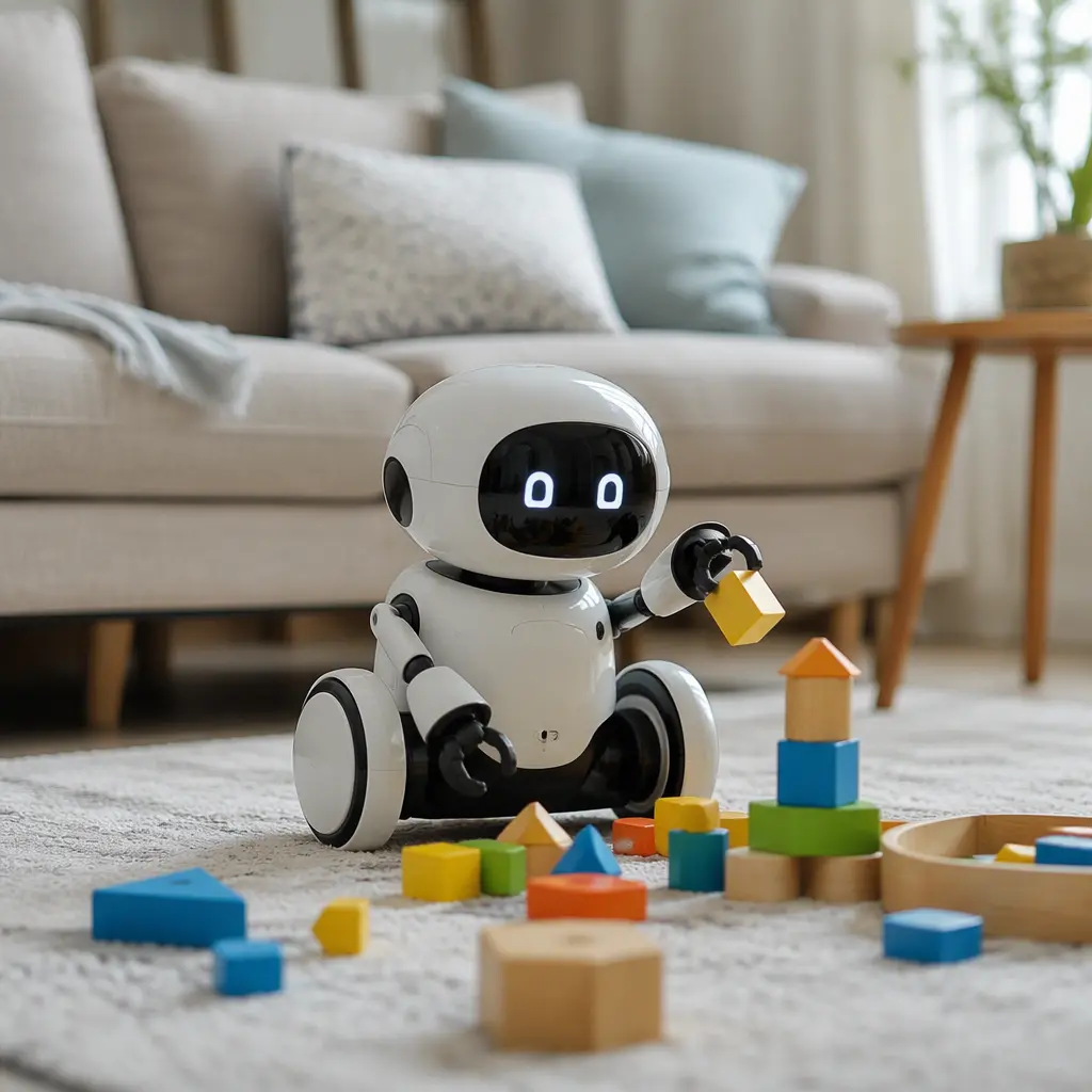 A small companion-style robot moving across a living room floor near children's toys.