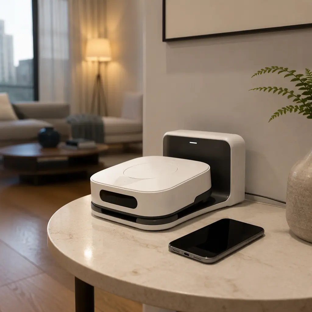 A compact AI-style home robot resting near a charging area in a modern room.