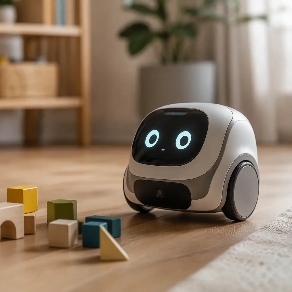 A compact pet-style AI robot on a wooden floor in a softly lit home setting.