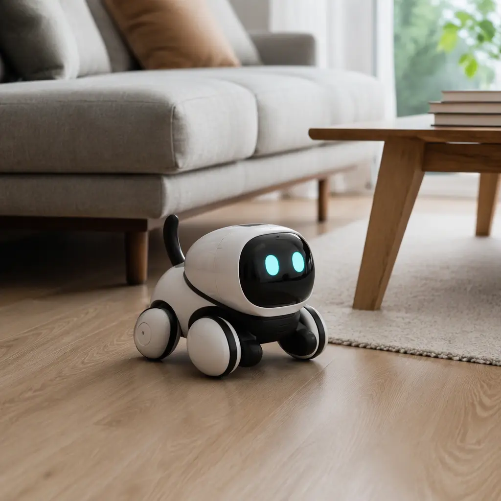 Compact robot pet toy moving across an apartment floor