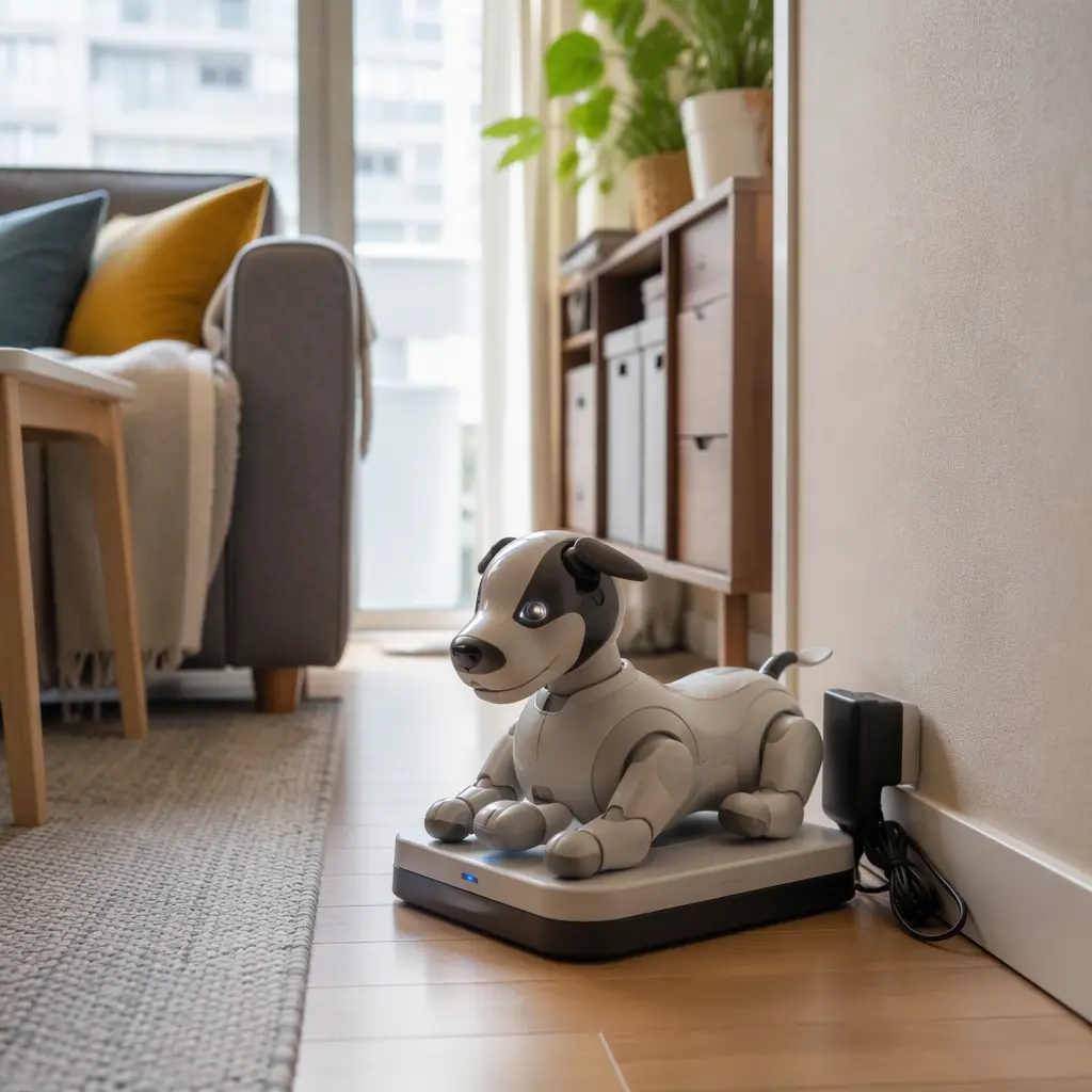 Robot pet toy charging on its dock in a compact apartment