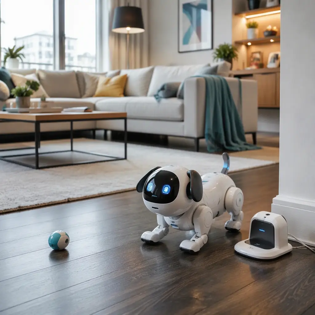 Small robot pet toy in a modern apartment living room near its charging dock
