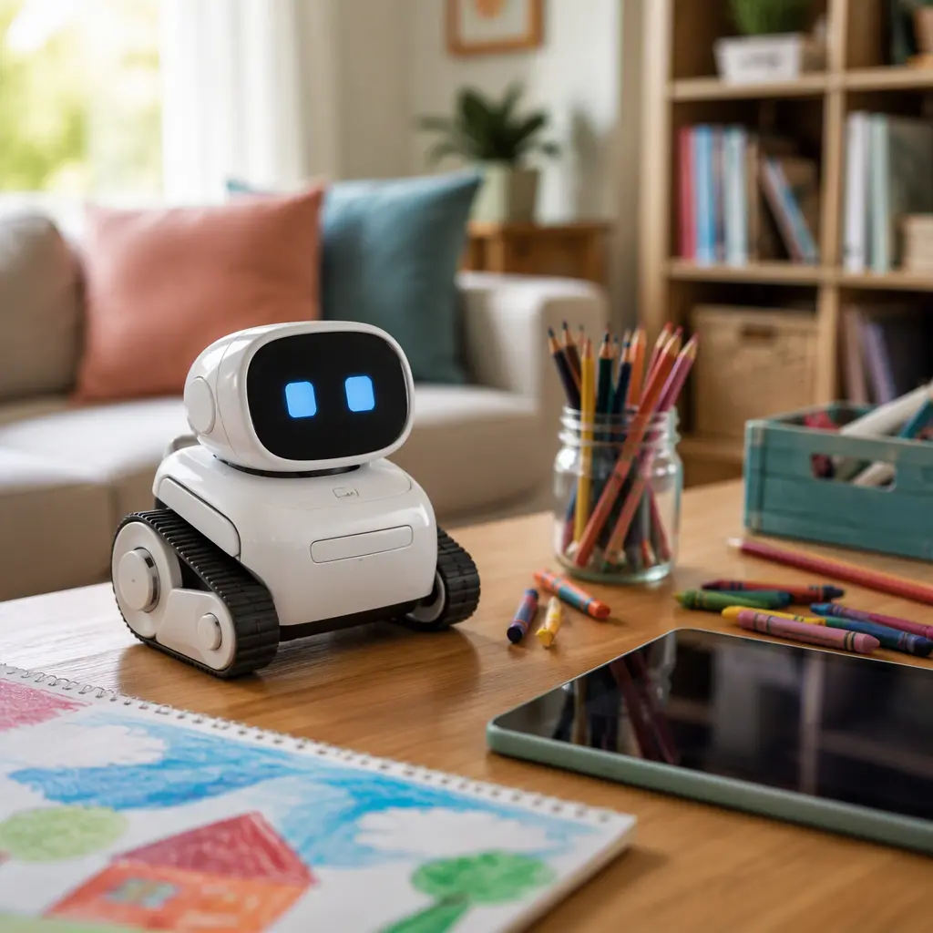 Small desktop robot on a wooden family table beside art supplies
