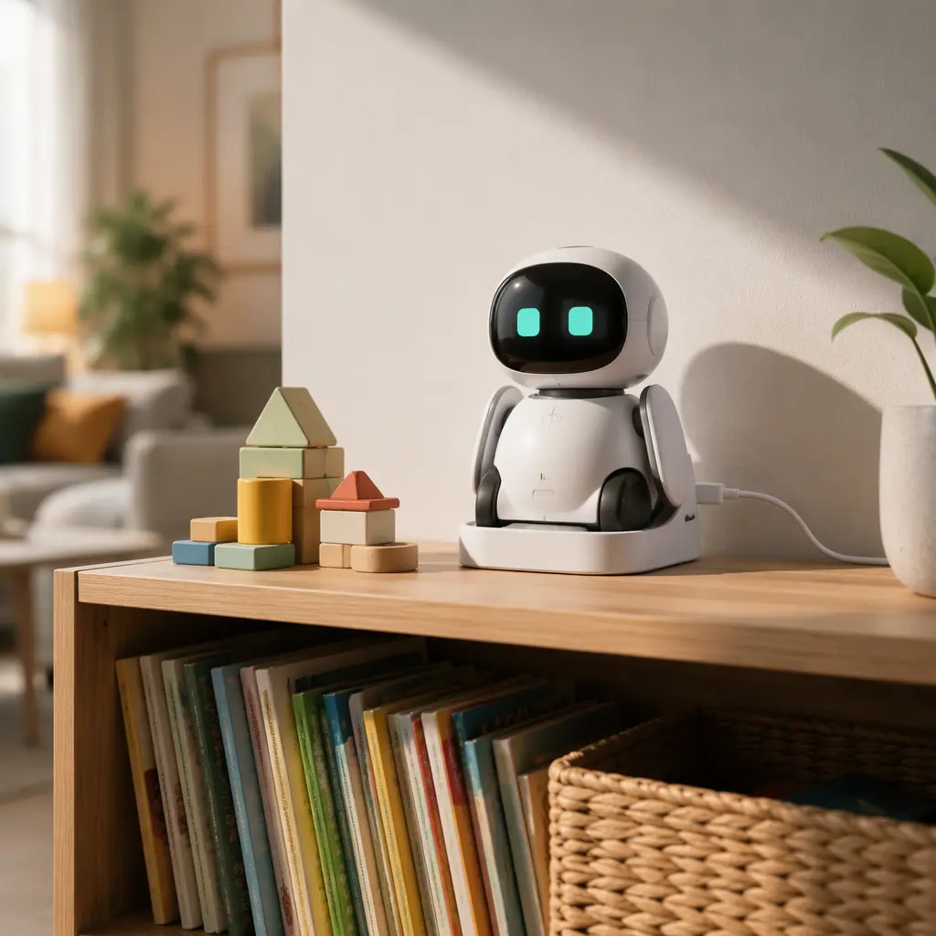 Desktop robot charging on a shelf in a family living room