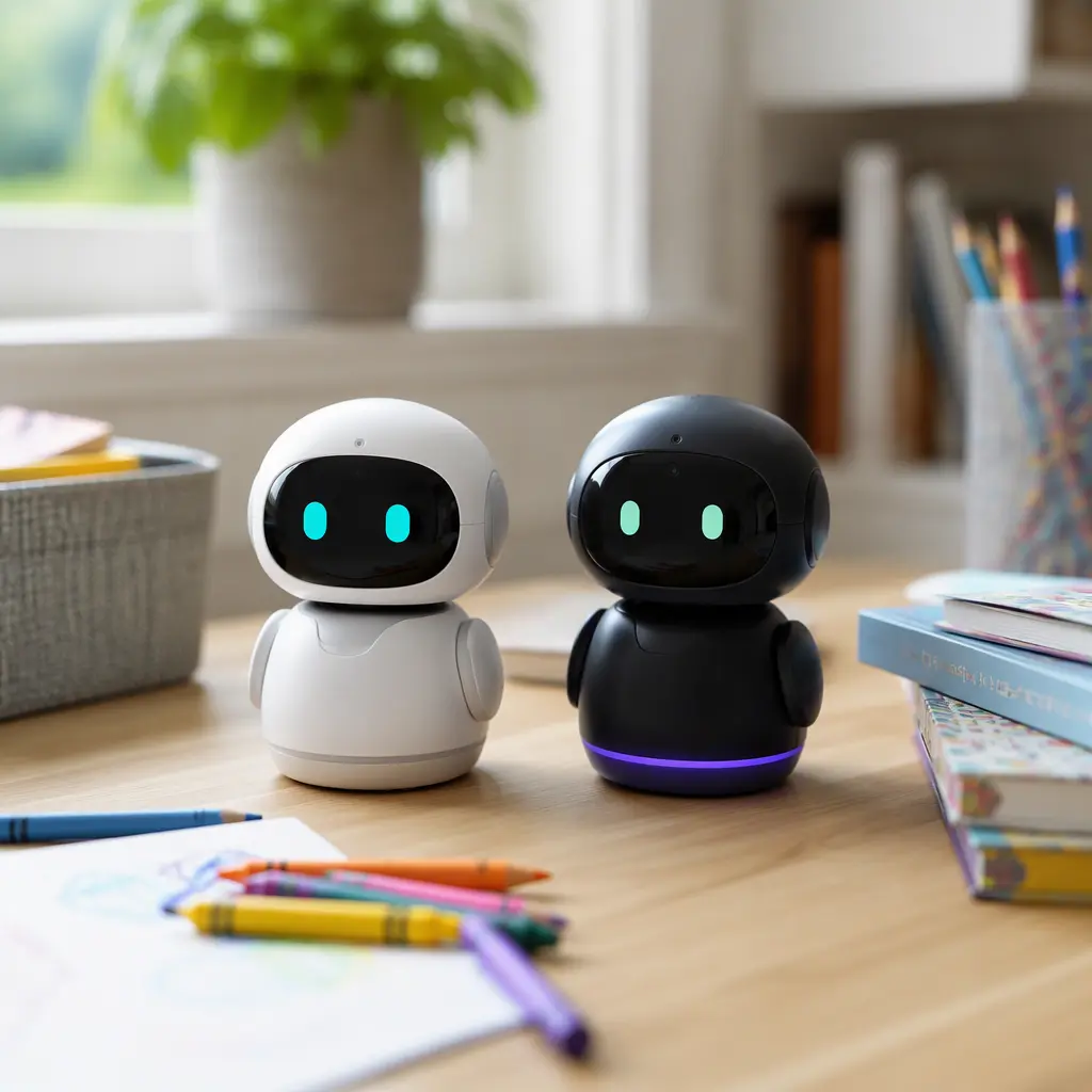 Two small desktop companion robots on a family desk in soft natural light