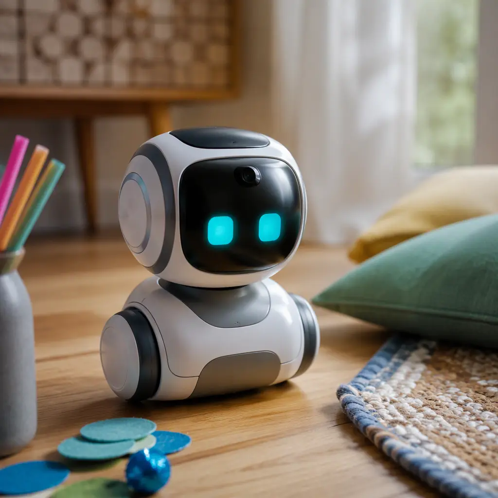 Interactive robot toy sitting on a wooden floor in a family living room